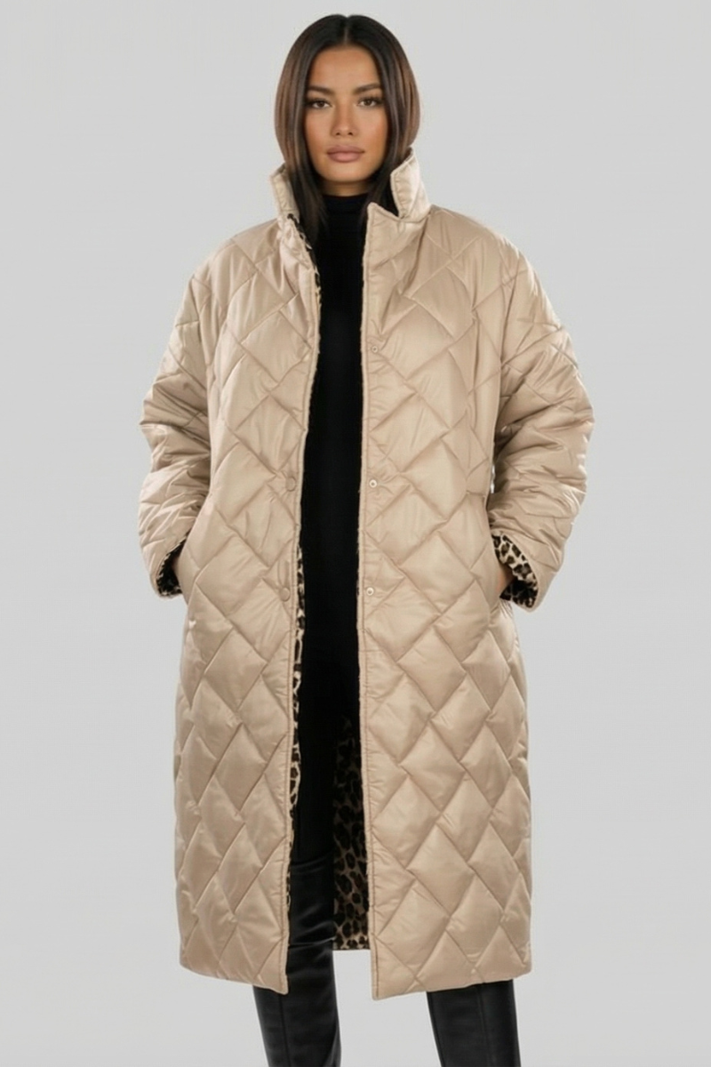 Arden | Reversible Diamond-Quilted Long Puffer Coat with Leopard Lining
