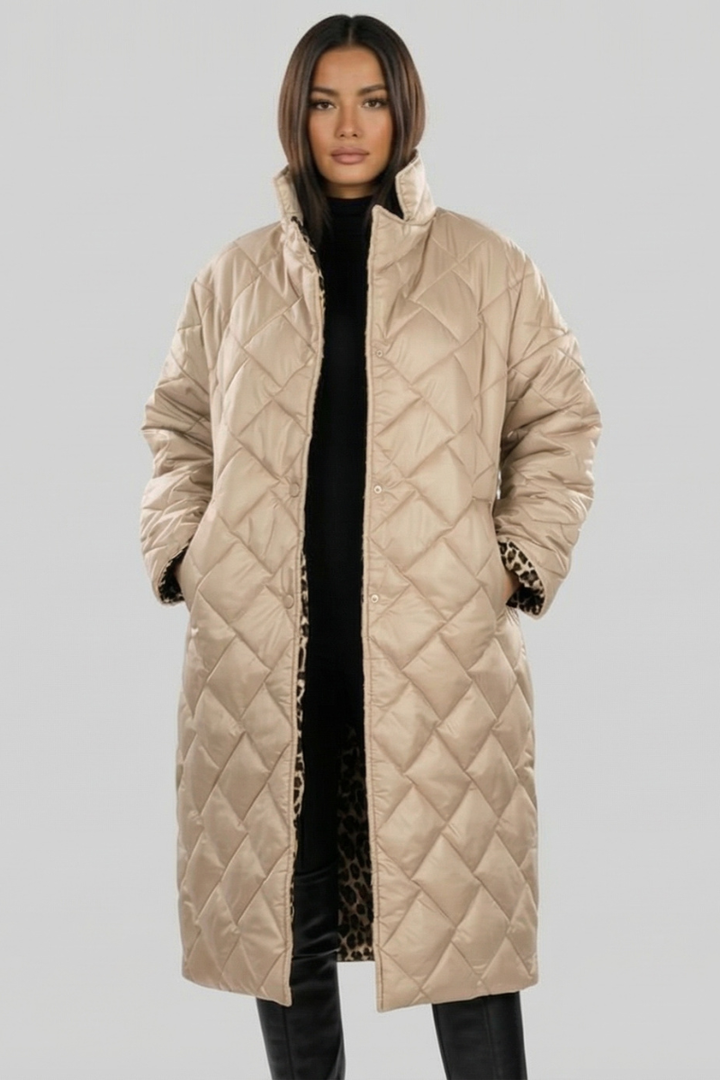Arden | Reversible Diamond-Quilted Long Puffer Coat with Leopard Lining