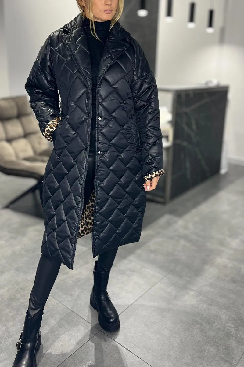 Arden | Reversible Diamond-Quilted Long Puffer Coat with Leopard Lining