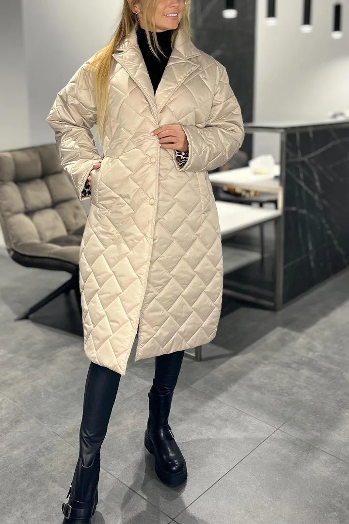 Arden | Reversible Diamond-Quilted Long Puffer Coat with Leopard Lining