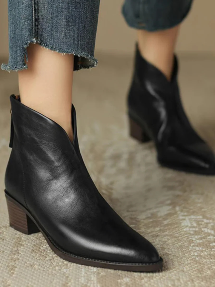 Hadley | Pointed-Toe Block-Heel Ankle Boots with V-Cut Collar