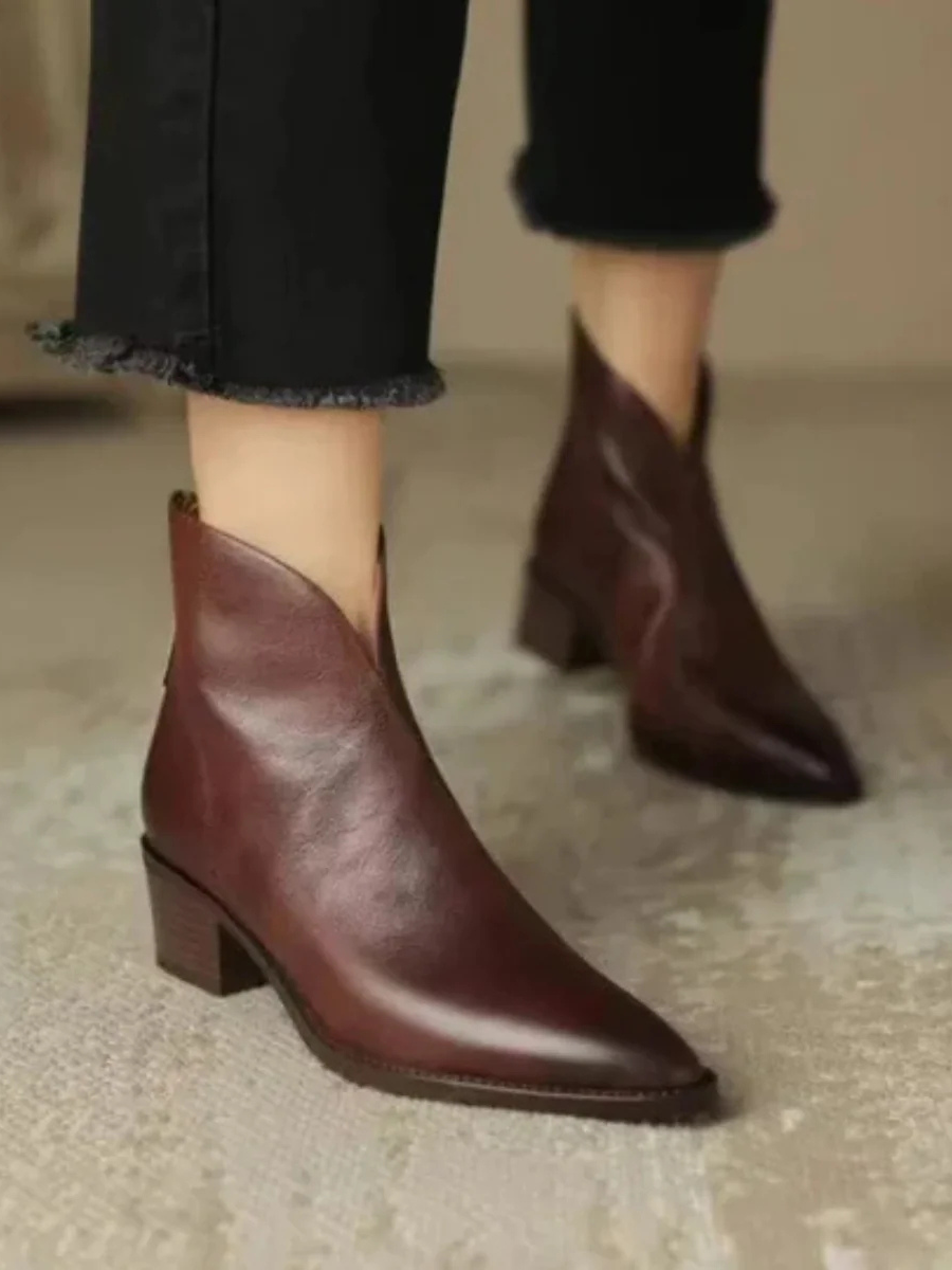 Hadley | Pointed-Toe Block-Heel Ankle Boots with V-Cut Collar