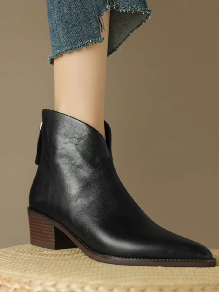 Hadley | Pointed-Toe Block-Heel Ankle Boots with V-Cut Collar
