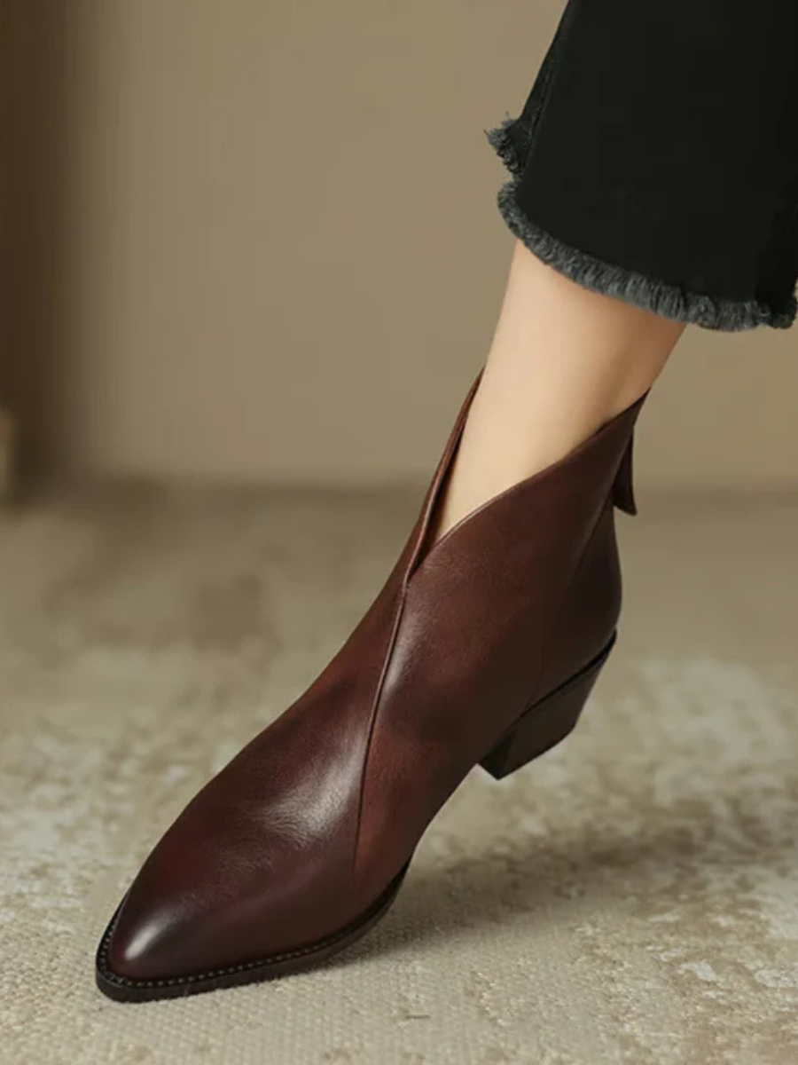 Hadley | Pointed-Toe Block-Heel Ankle Boots with V-Cut Collar