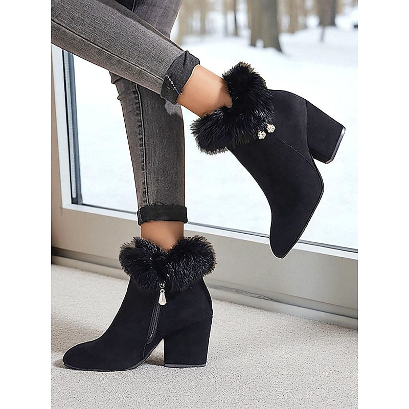 Jessa | Faux Fur-Trim Pointed-Toe Block-Heel Ankle Boots