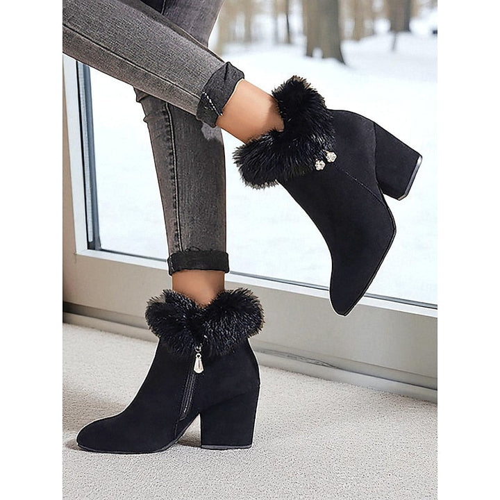 Jessa | Faux Fur-Trim Pointed-Toe Block-Heel Ankle Boots