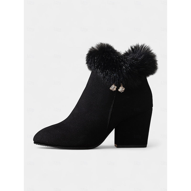 Jessa | Faux Fur-Trim Pointed-Toe Block-Heel Ankle Boots