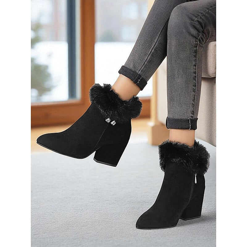 Jessa | Faux Fur-Trim Pointed-Toe Block-Heel Ankle Boots