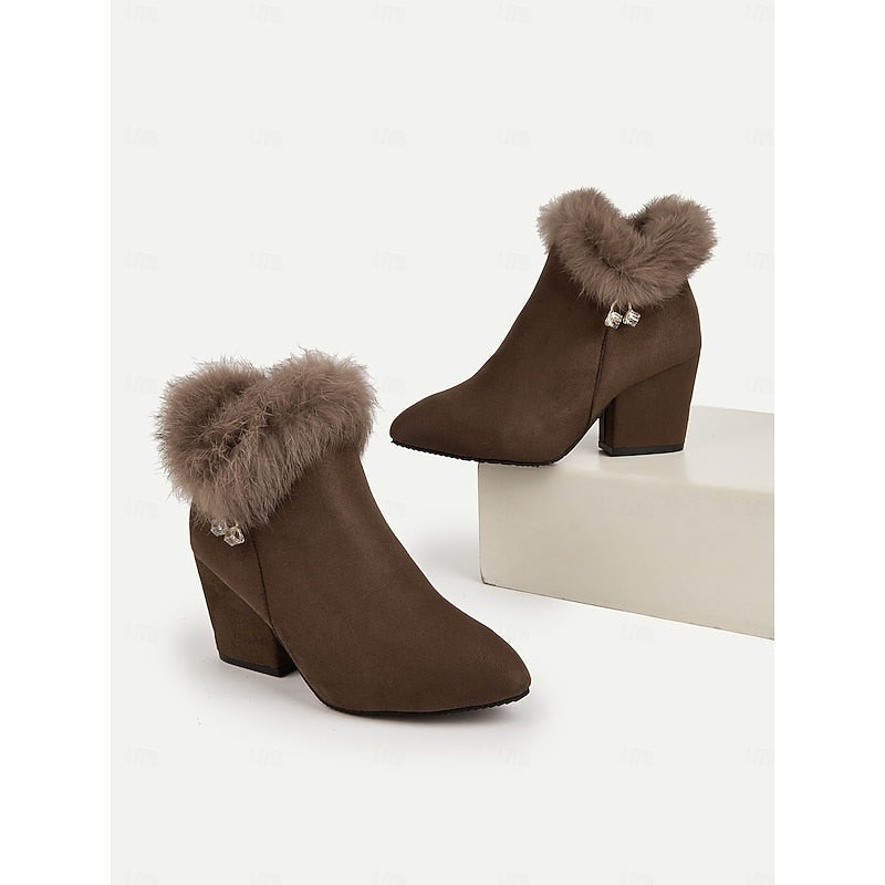 Jessa | Faux Fur-Trim Pointed-Toe Block-Heel Ankle Boots