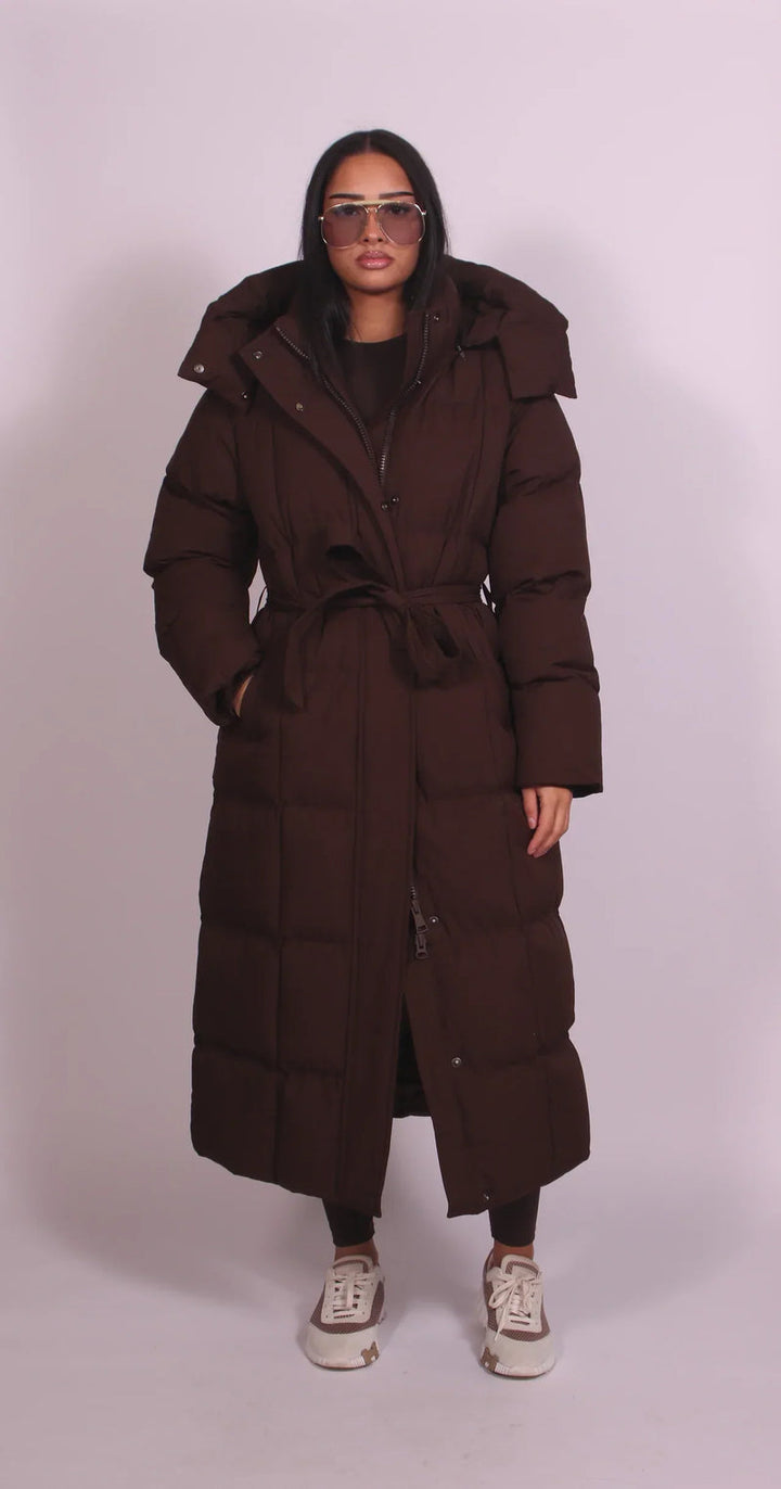 Coralie | Hooded Belted Maxi Puffer Coat