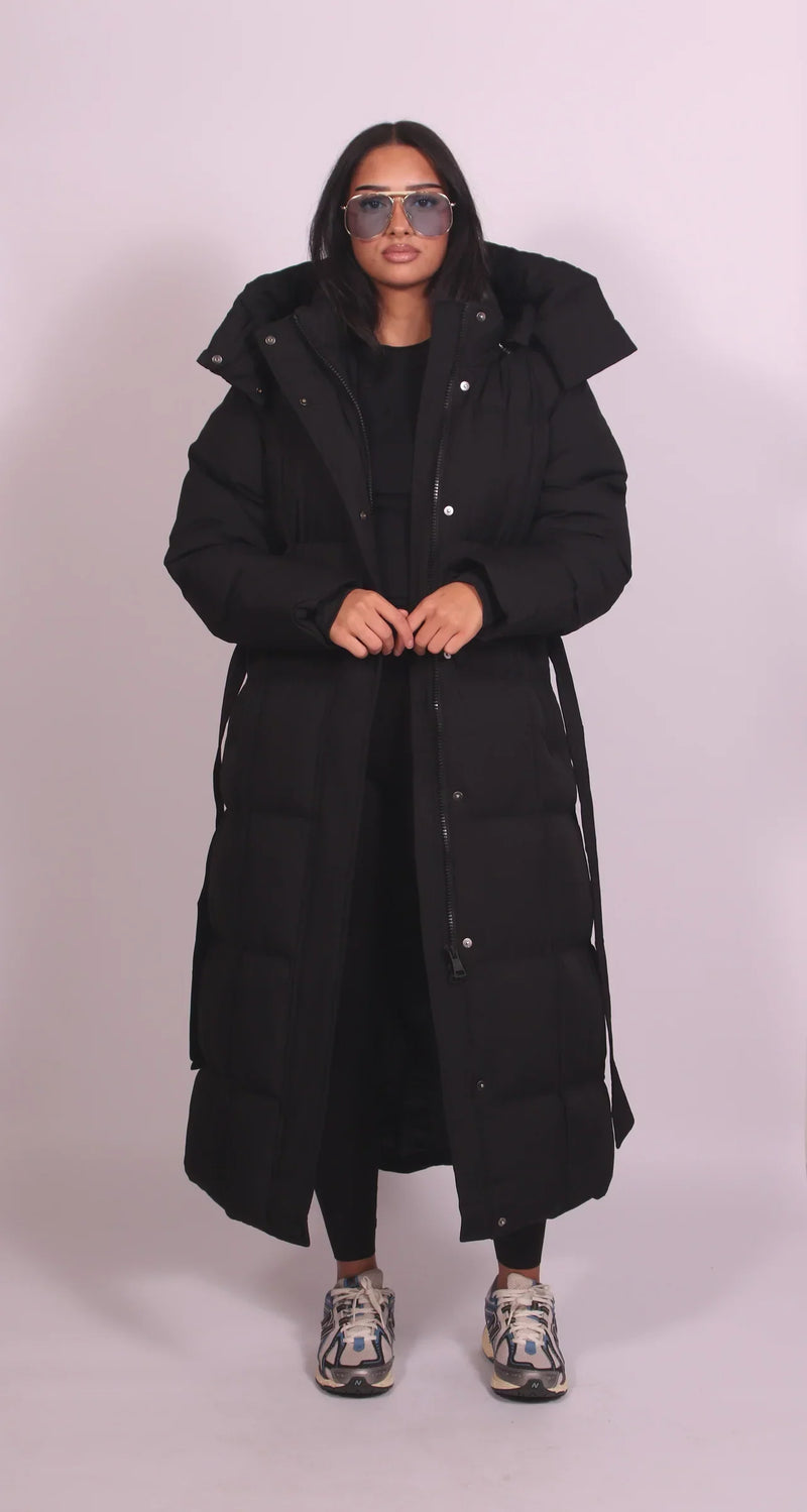 Coralie | Hooded Belted Maxi Puffer Coat
