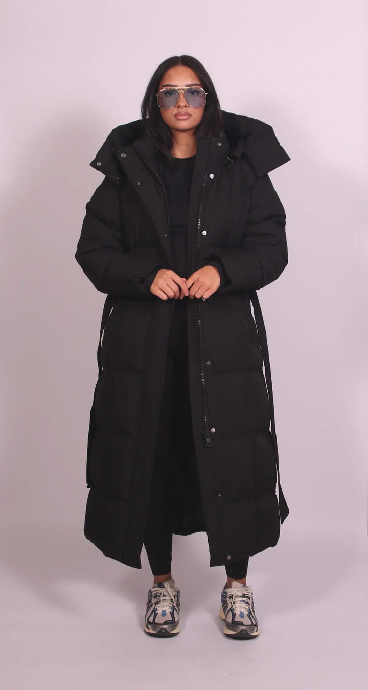 Coralie | Hooded Belted Maxi Puffer Coat