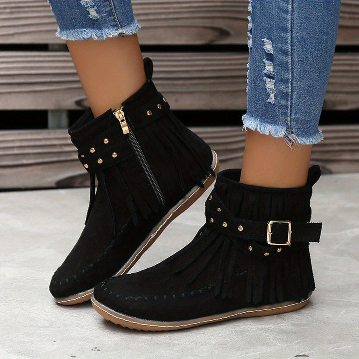 Indie | Western Fringe Flat Ankle Boots with Studded Buckle
