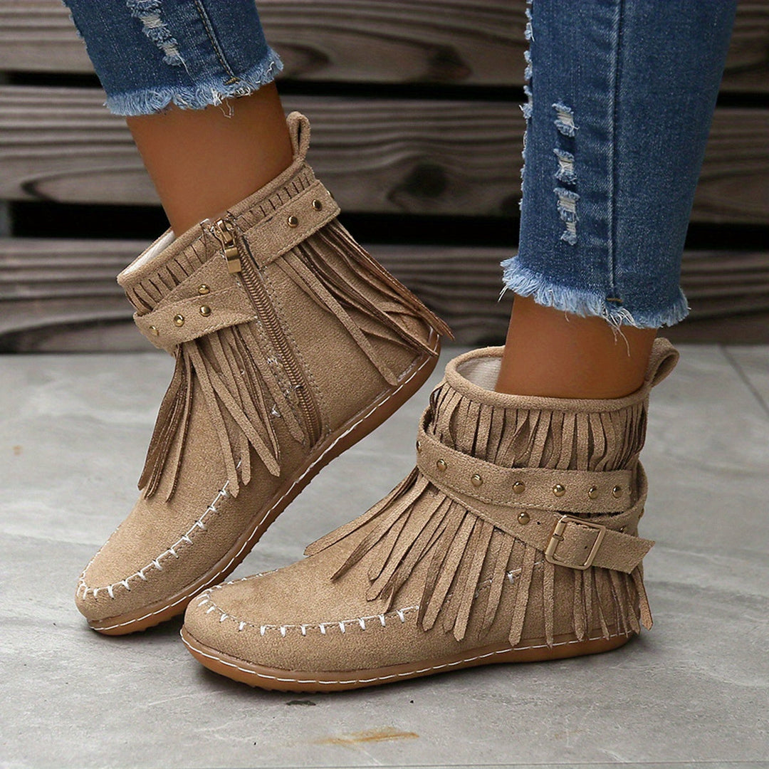 Indie | Western Fringe Flat Ankle Boots with Studded Buckle