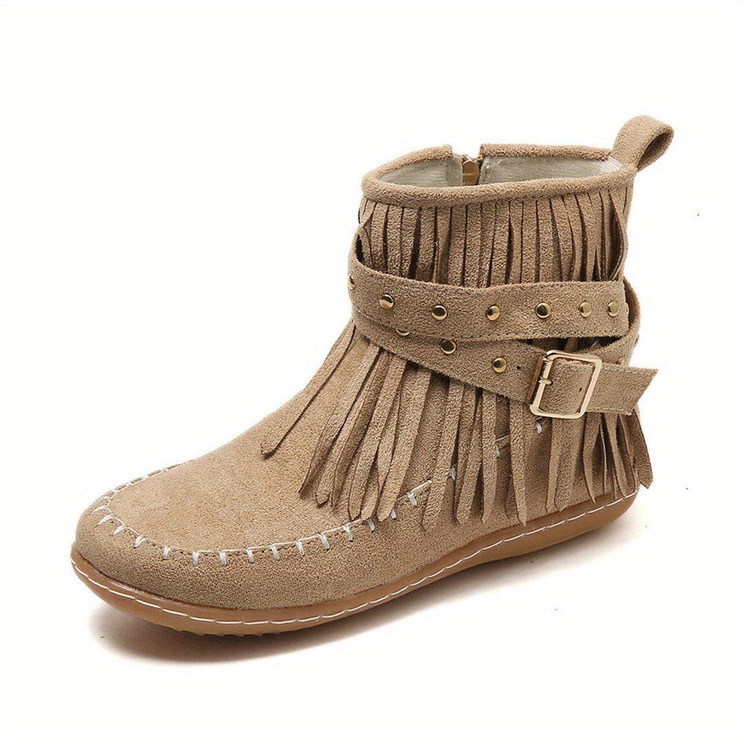 Indie | Western Fringe Flat Ankle Boots with Studded Buckle
