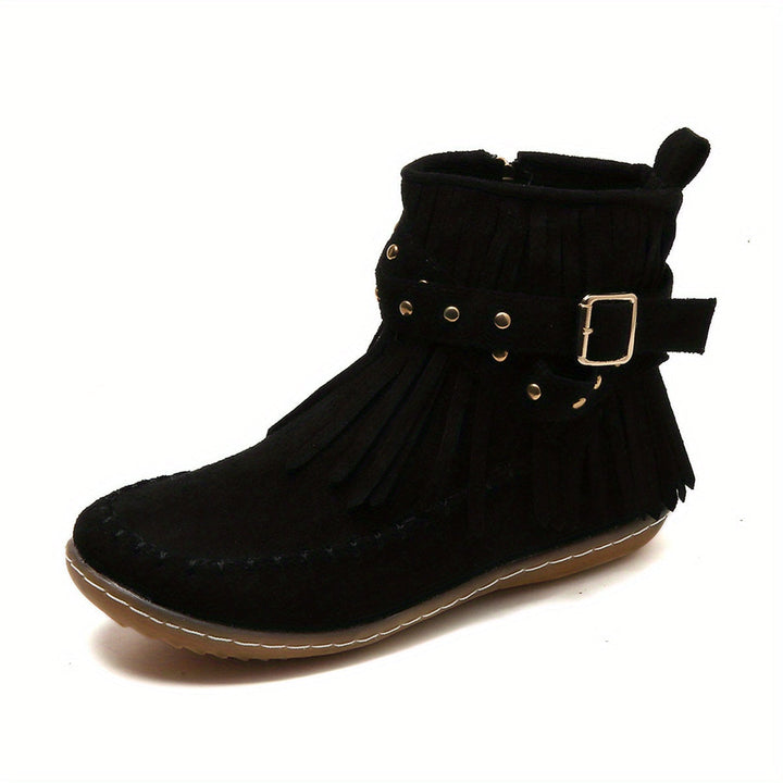 Indie | Western Fringe Flat Ankle Boots with Studded Buckle