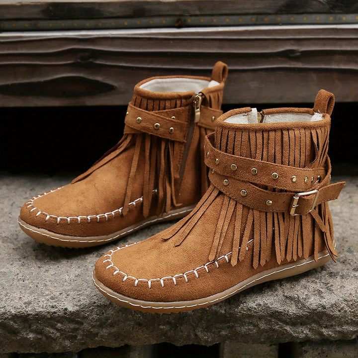 Indie | Western Fringe Flat Ankle Boots with Studded Buckle