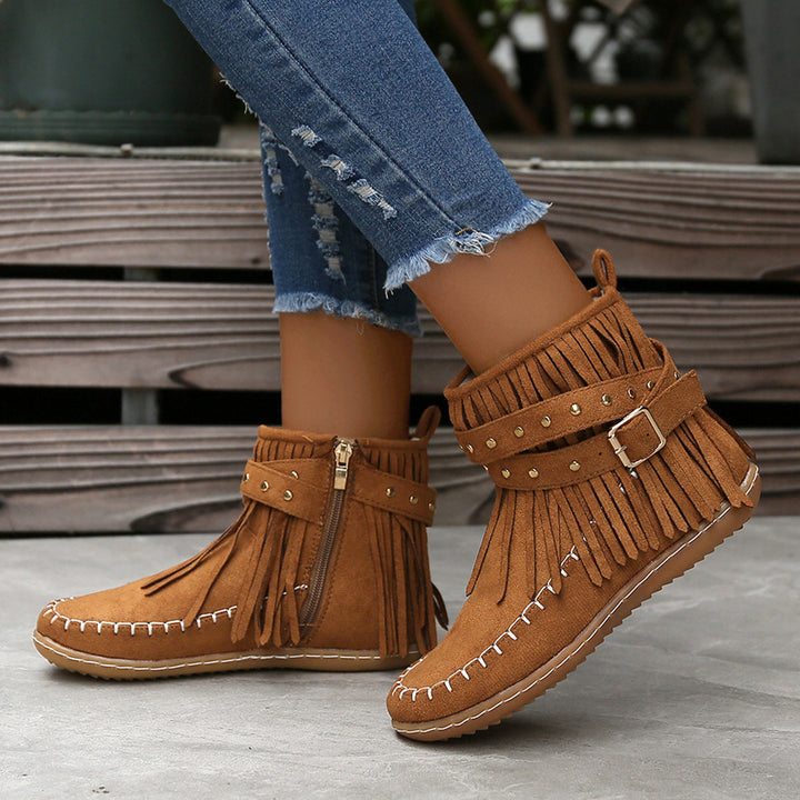 Indie | Western Fringe Flat Ankle Boots with Studded Buckle