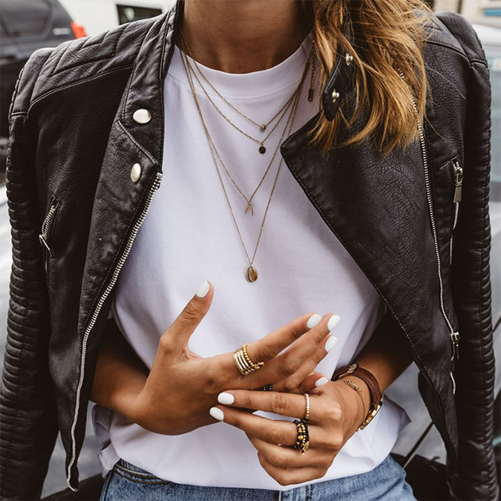 Noa | Black Faux-Leather Moto Jacket with Quilted Sleeves