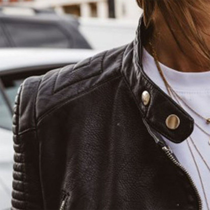 Noa | Black Faux-Leather Moto Jacket with Quilted Sleeves