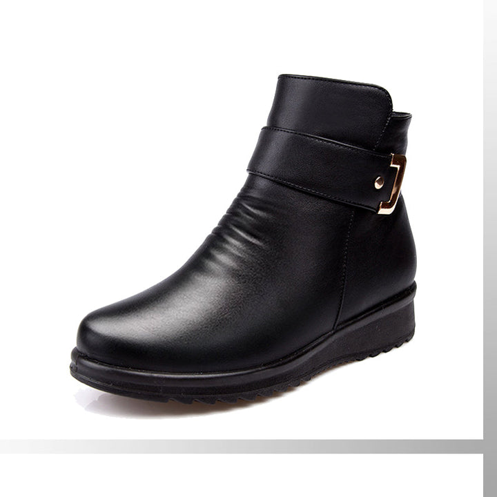 Bexley | Black Sherpa-Lined Wedge Ankle Boots with Gold Buckle
