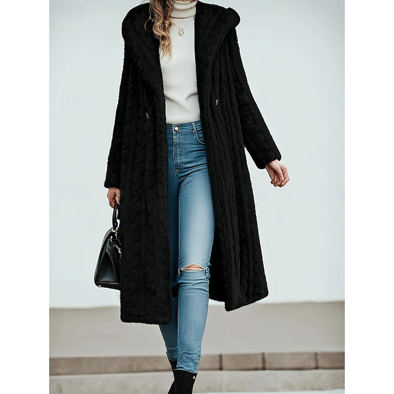 Hester | Hooded Long Faux-Fur Coat with Notched Collar