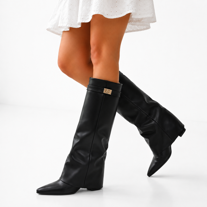 Dallas | Black Pointed-Toe Knee-High Boots with Gold Turn-Lock Detail