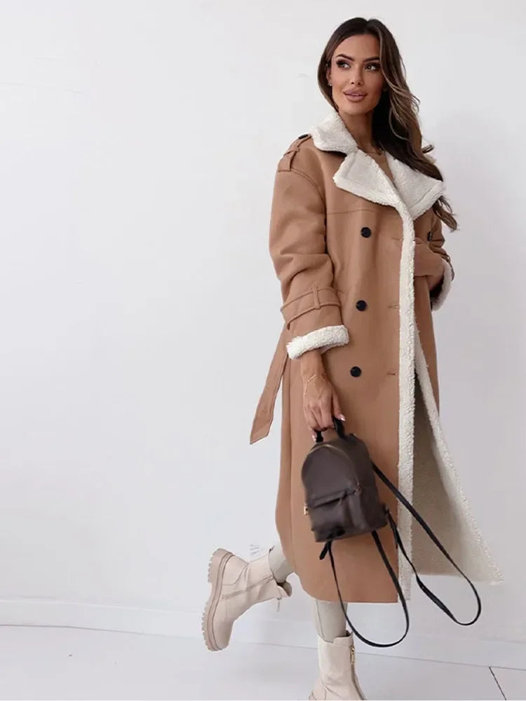 Gwen | Sherpa-Lined Double-Breasted Long Trench Coat