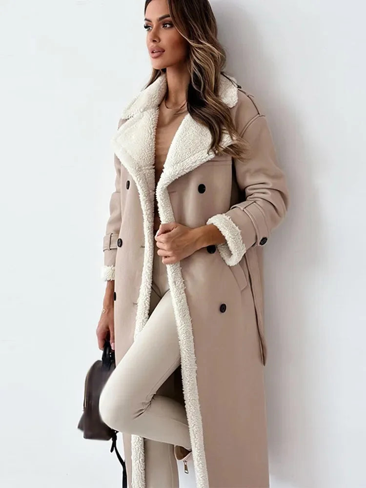 Gwen | Sherpa-Lined Double-Breasted Long Trench Coat
