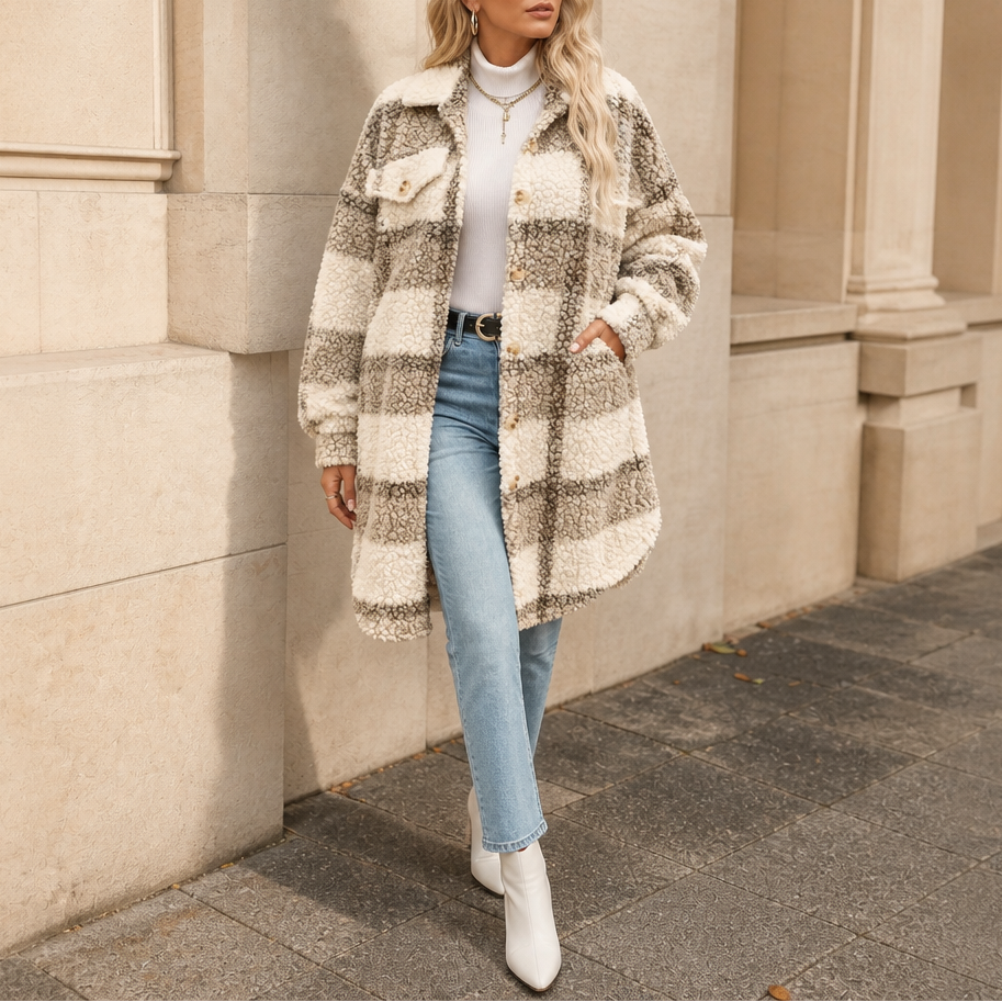 Goldie | Plaid Sherpa Mid-Length Winter Coat