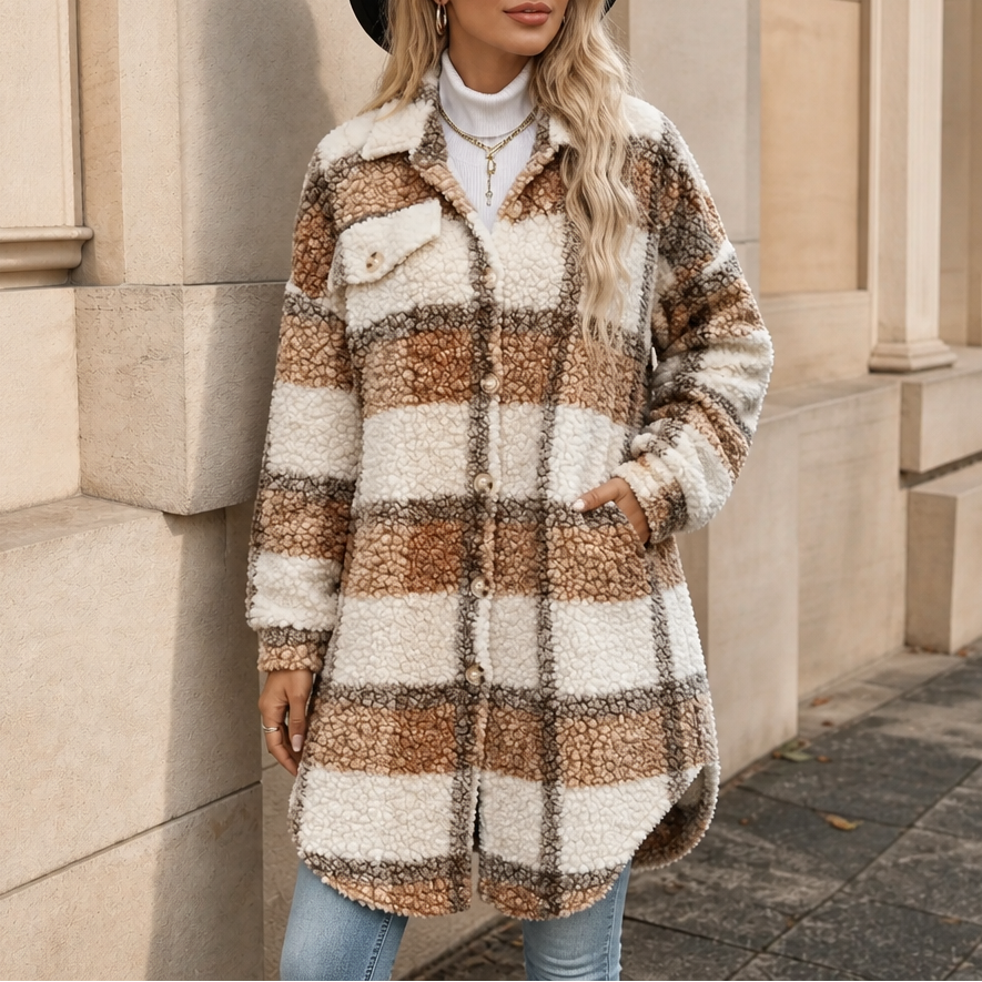 Goldie | Plaid Sherpa Mid-Length Winter Coat