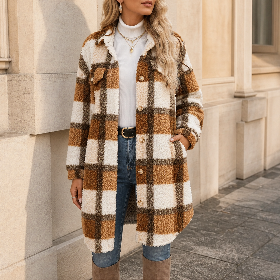 Goldie | Plaid Sherpa Mid-Length Winter Coat