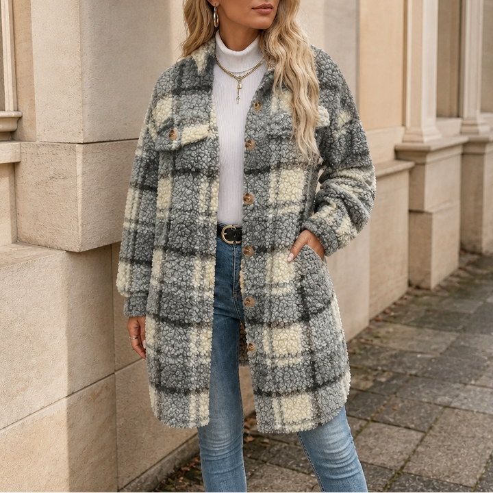 Goldie | Plaid Sherpa Mid-Length Winter Coat