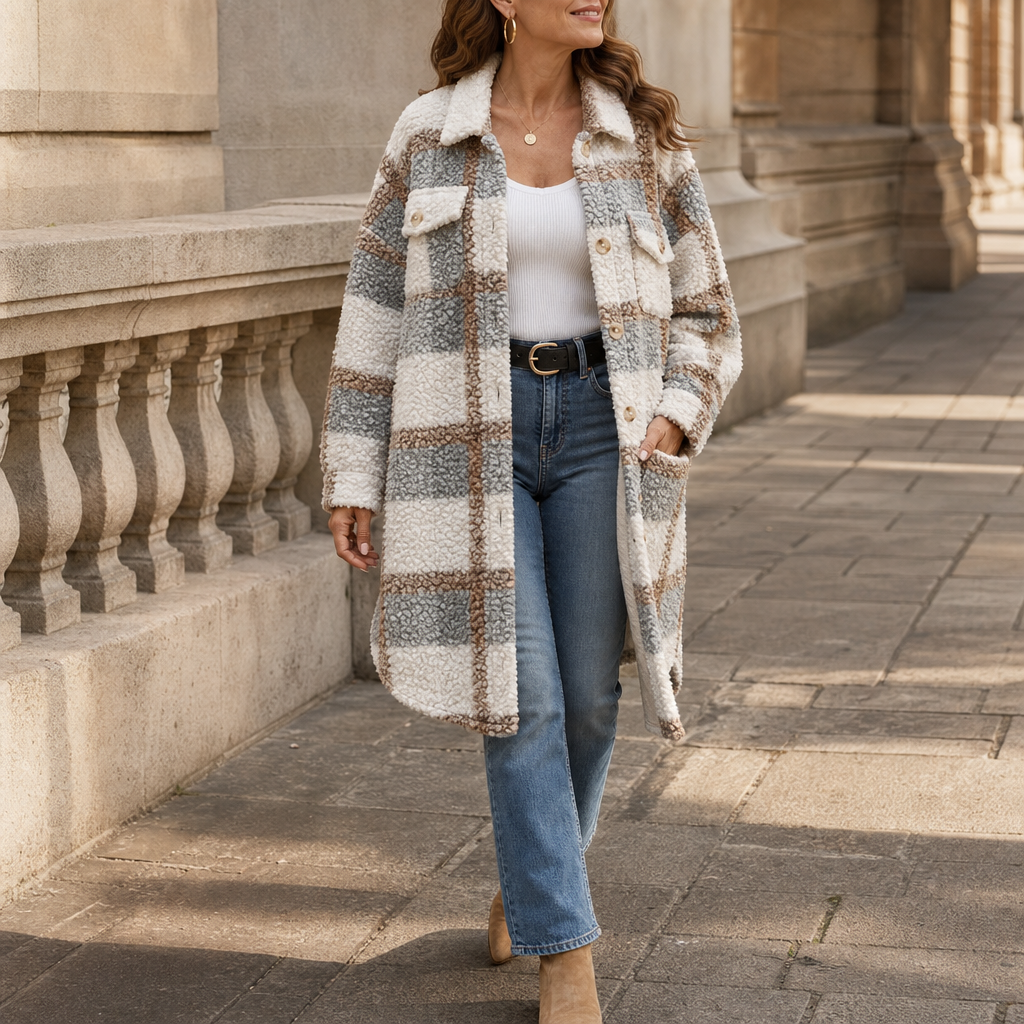 Goldie | Plaid Sherpa Mid-Length Winter Coat