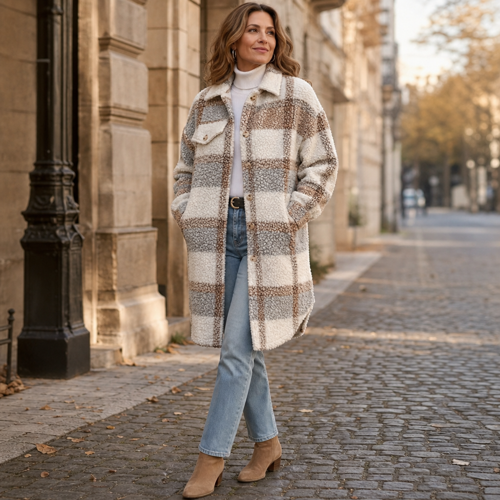 Goldie | Plaid Sherpa Mid-Length Winter Coat