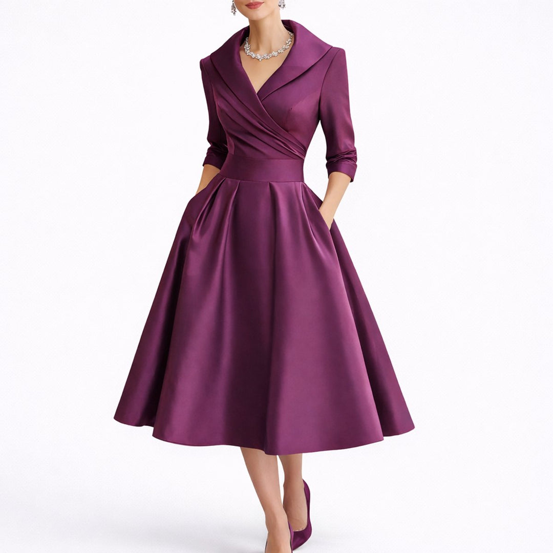 Cecile | Structured Collared A-Line Midi Wedding Guest Dress