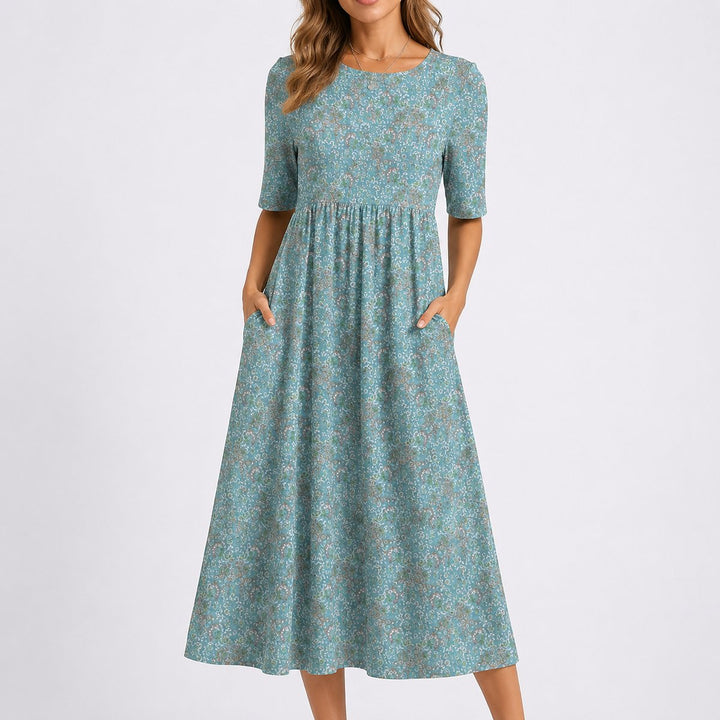 Audrey | Blue and White Floral Midi Wedding Guest Dress with Pockets