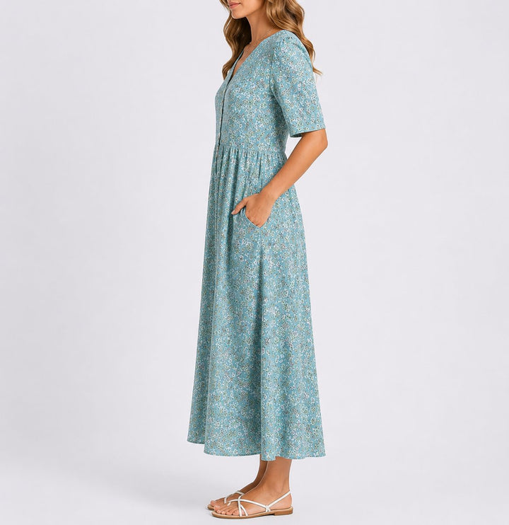 Audrey | Blue and White Floral Midi Wedding Guest Dress with Pockets