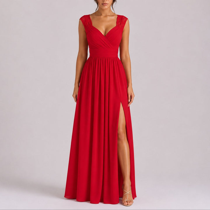 Yolanda | Lace-Shoulder Wrap Chiffon Maxi Wedding Guest Dress with Side Slit
