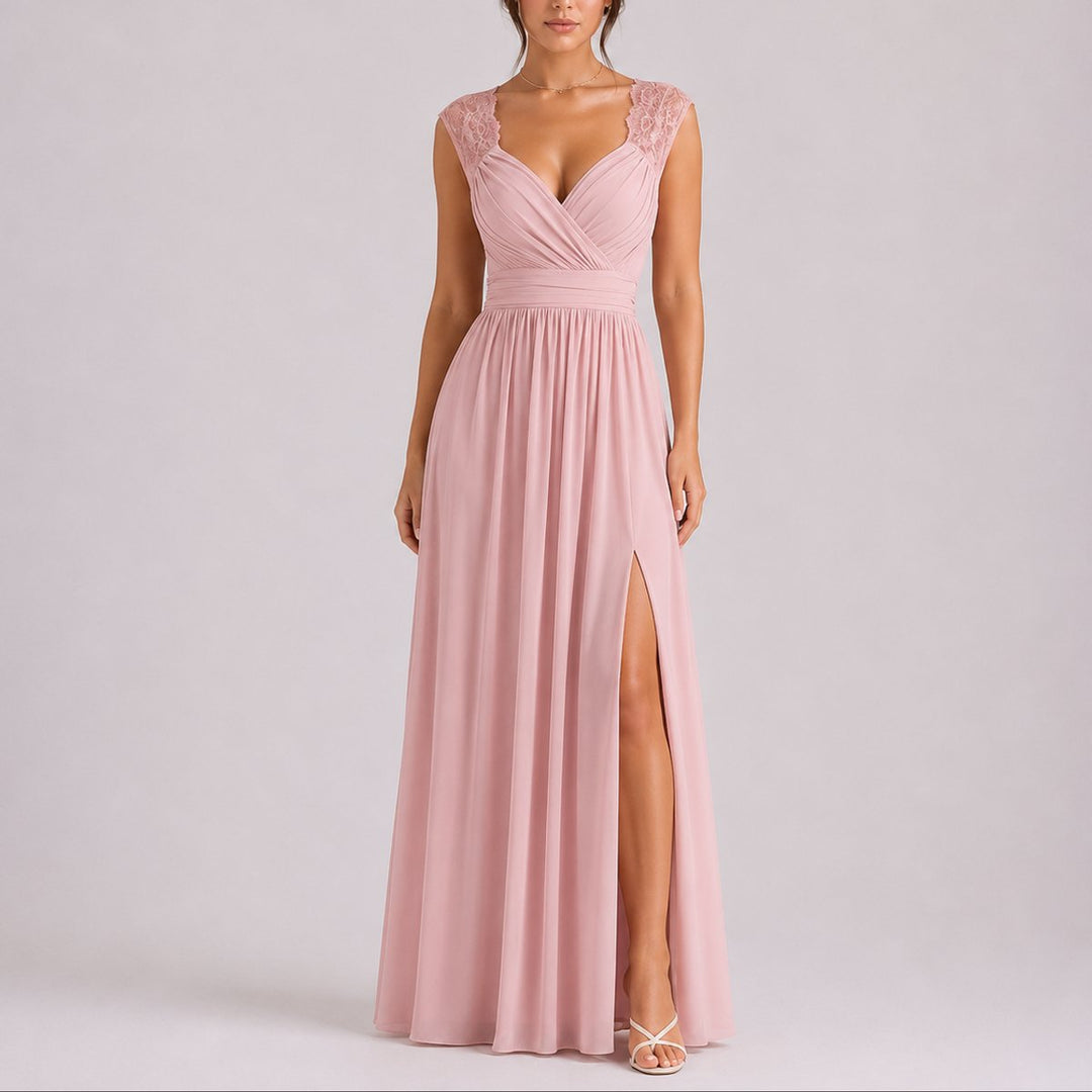 Yolanda | Lace-Shoulder Wrap Chiffon Maxi Wedding Guest Dress with Side Slit