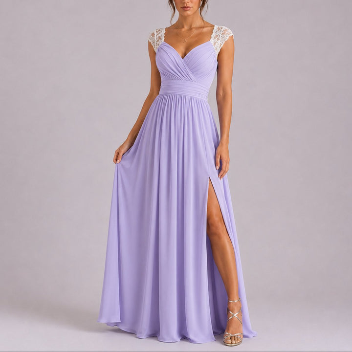 Yolanda | Lace-Shoulder Wrap Chiffon Maxi Wedding Guest Dress with Side Slit