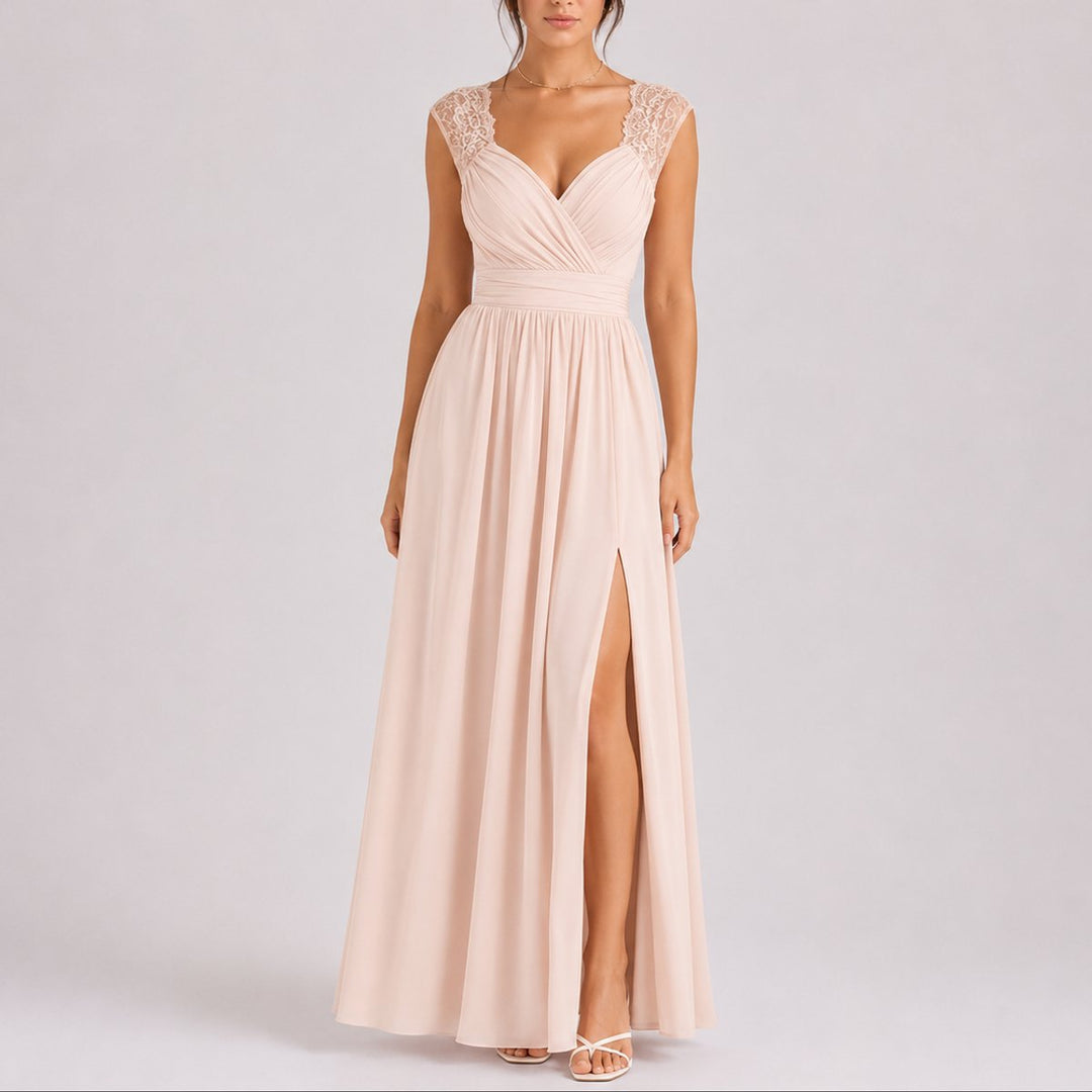 Yolanda | Lace-Shoulder Wrap Chiffon Maxi Wedding Guest Dress with Side Slit