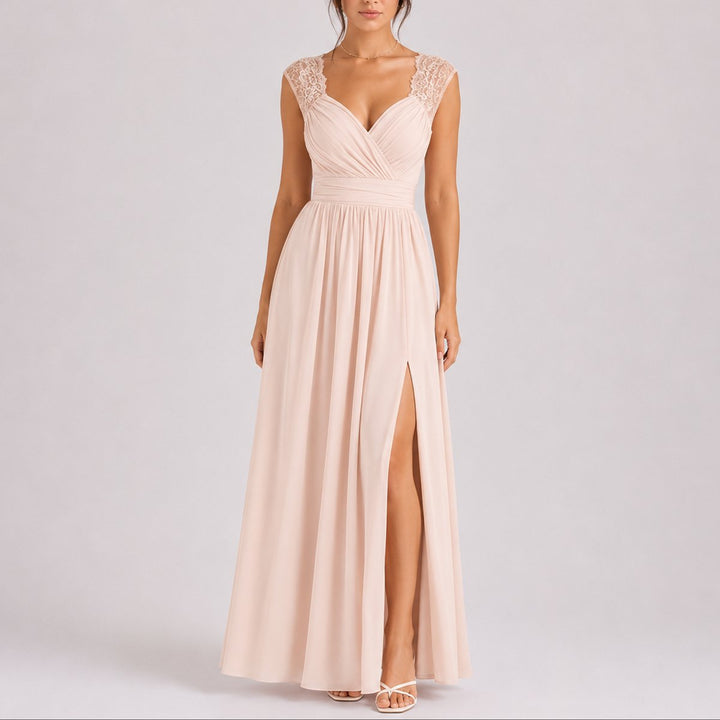 Yolanda | Lace-Shoulder Wrap Chiffon Maxi Wedding Guest Dress with Side Slit