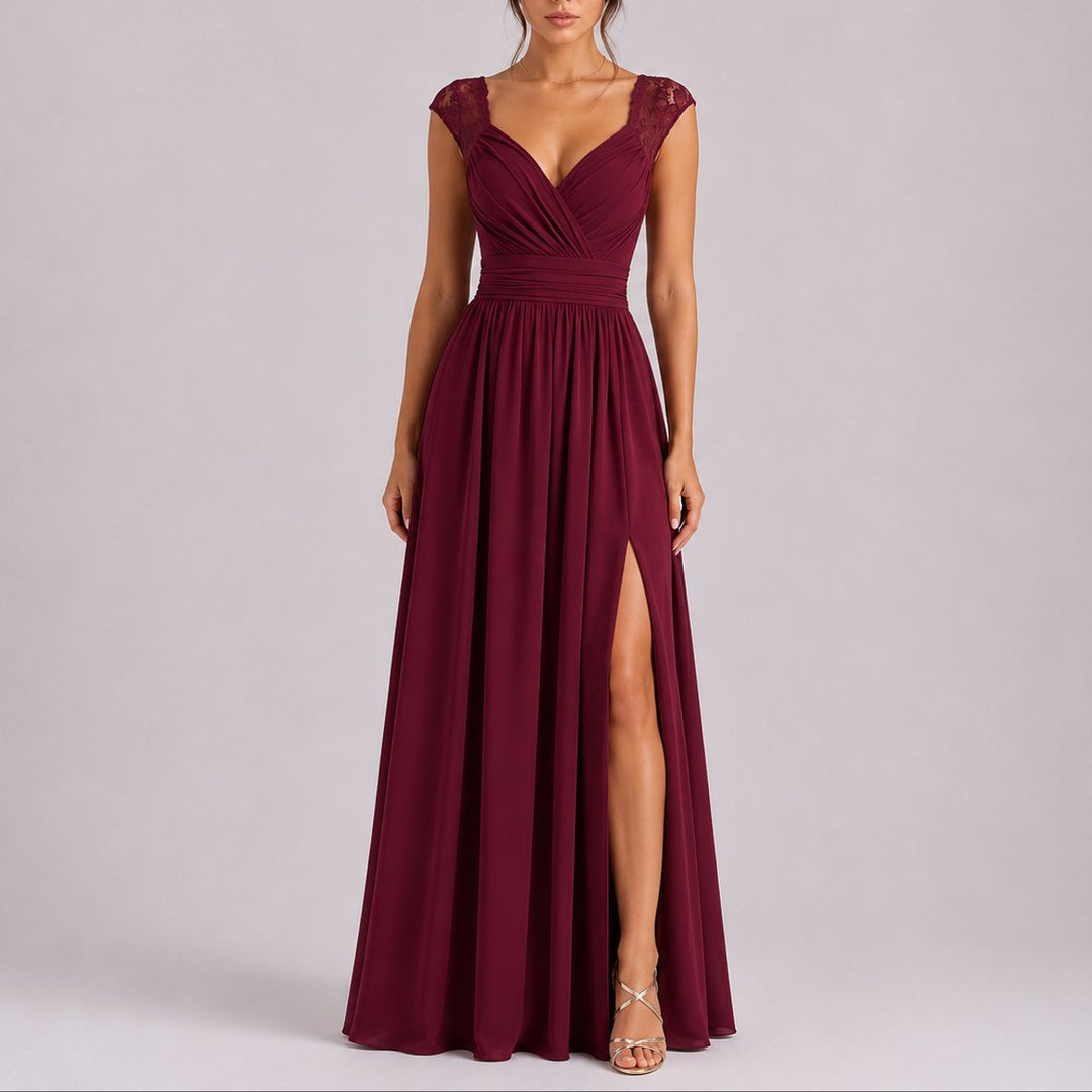 Yolanda | Lace-Shoulder Wrap Chiffon Maxi Wedding Guest Dress with Side Slit