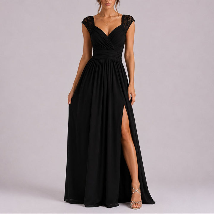Yolanda | Lace-Shoulder Wrap Chiffon Maxi Wedding Guest Dress with Side Slit