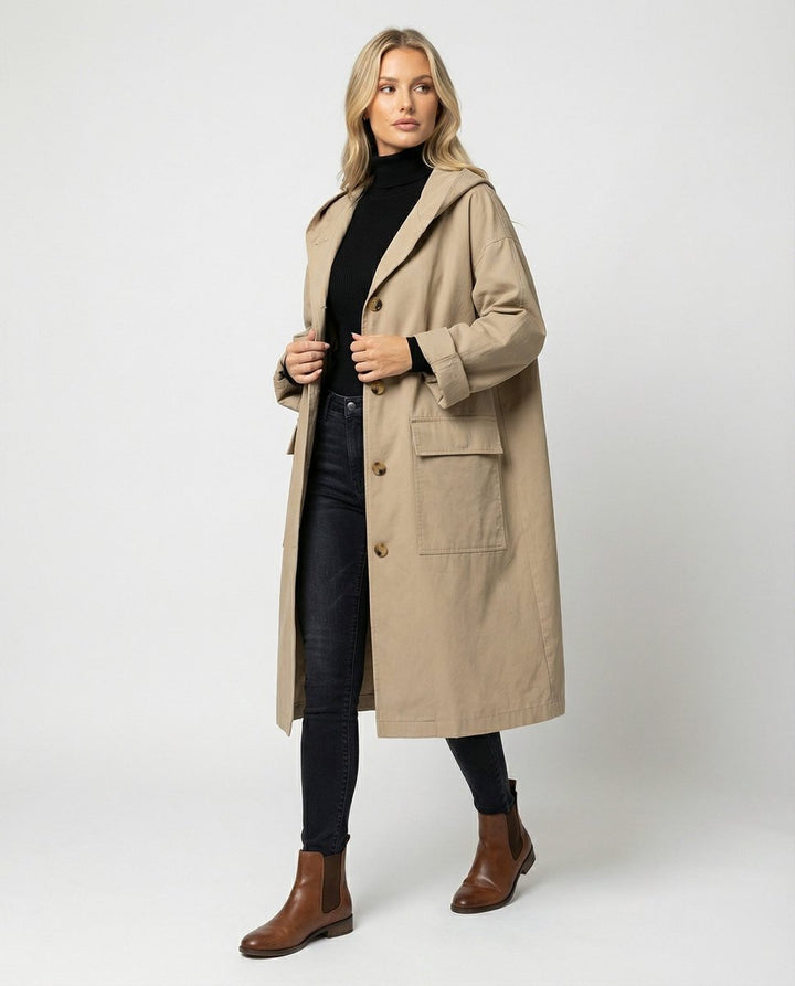 Nicole | Long Waterproof Hooded Trench Coat with Patch Pockets
