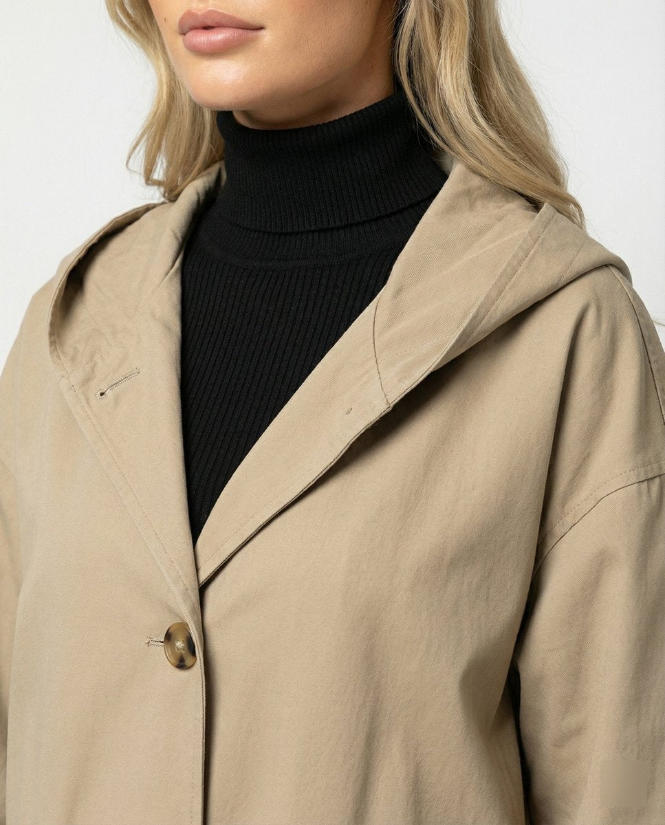 Nicole | Long Waterproof Hooded Trench Coat with Patch Pockets