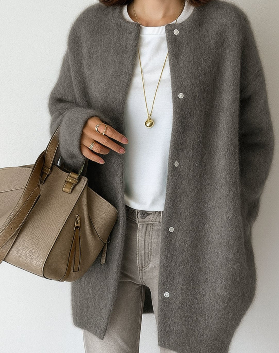 Penny | Relaxed Crew-Neck Button-Front Cardigan with Pockets