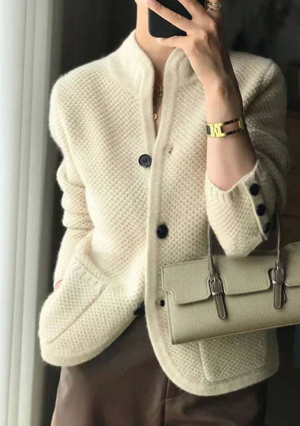 Sylvia | Stand-Collar Button-Up Textured Knit Cardigan