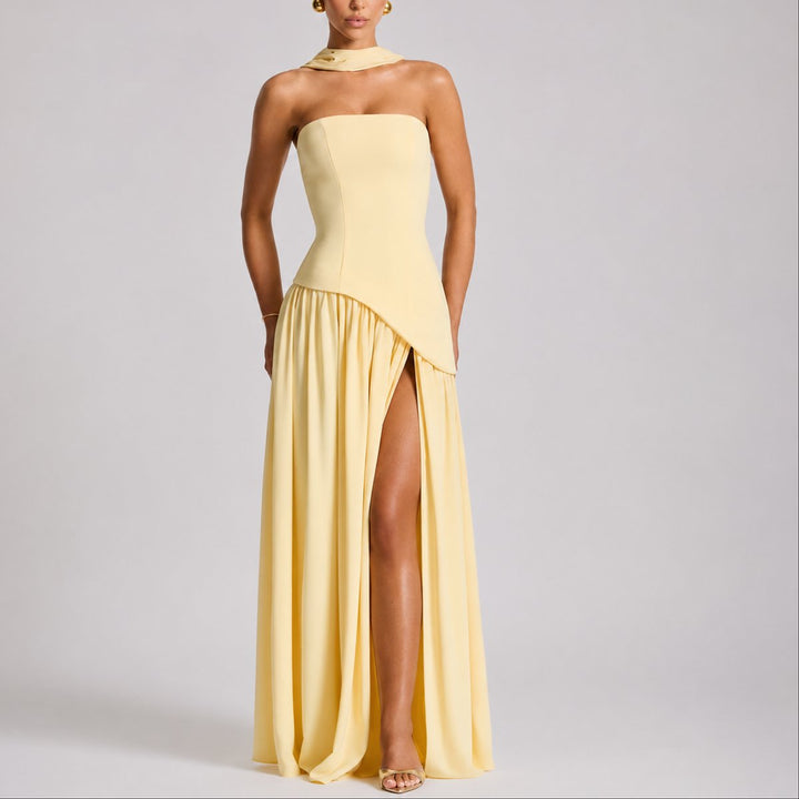 Zola | Strapless Open-Back Scarf-Neck Maxi Wedding Guest Dress